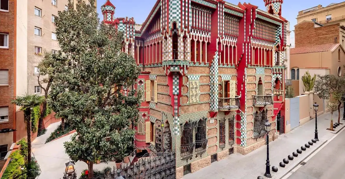 Tiled marigold façade of Casa Vicens, Gaudí's first house among the museums in Barcelona, Spain