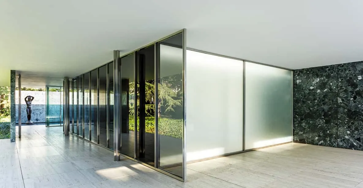 Golden onyx wall and reflecting pool at the Mies van der Rohe Pavilion, one of the museums in Barcelona, Spain