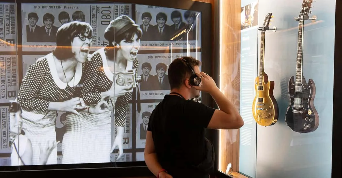 Vintage guitars and rock memorabilia on display, one of the smaller museums in Barcelona, Spain