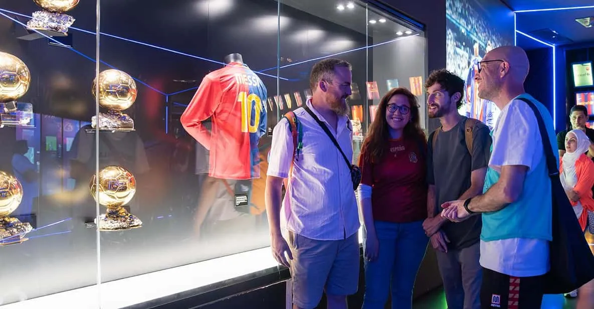 Guided football tour bus stopping outside a stadium, one of the museums in Barcelona, Spain for football fans